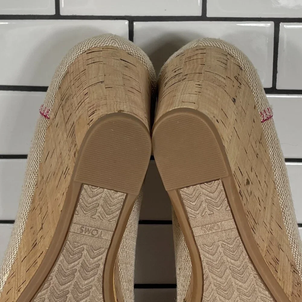 Toms Stella Womens Size 9.5 Shoes Natural Burlap Embroidery Peep Toe Wedge Heel
